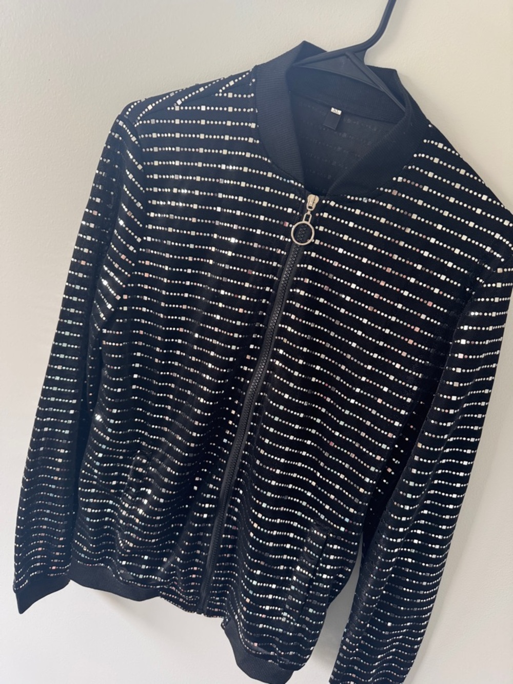 Black Sequin Zip-Up Bomber Jacket
